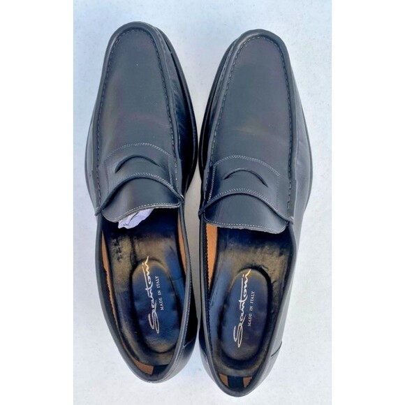 Santoni Black Leather Penny Loafers Made In Italy Dress Slip On Shoes -Size 12 D main image 8